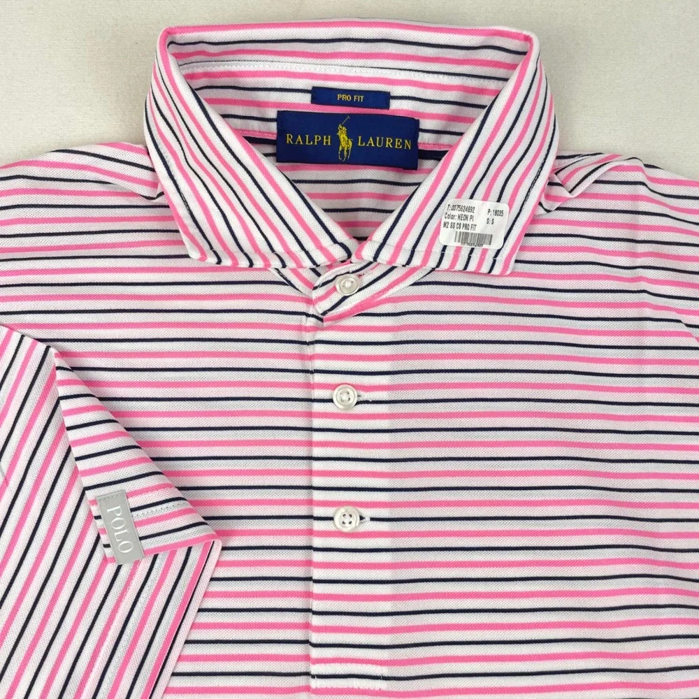 Ralph Lauren Pro Fit Mens Polo Shirt Pink Navy Blue Striped Small S NWOT
